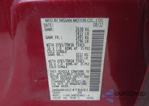 2012 Nissan Frontier Sv z USA, uszkodzony, nr VIN 1N6AD0EV2CC478692